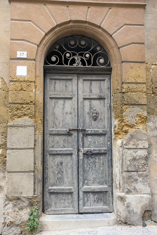 Photo 24479: Worn, panelled, grey double door with latticed fan light