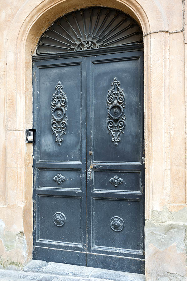 Photo 24481: Panelled, black gate with latticed fan light
