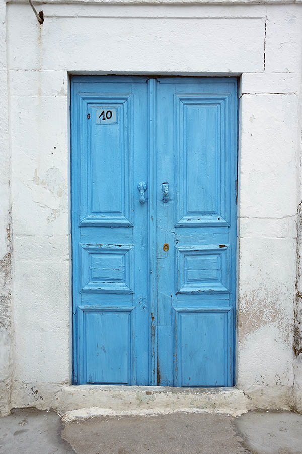 Photo 24512: Worn, panelled, light blue double door