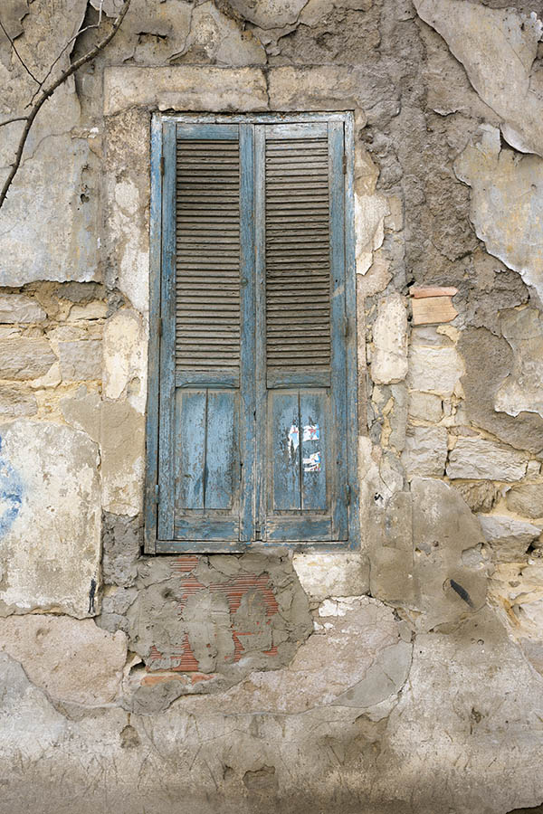 Photo 24564: Decayed, panelled, light blue double door with door lights