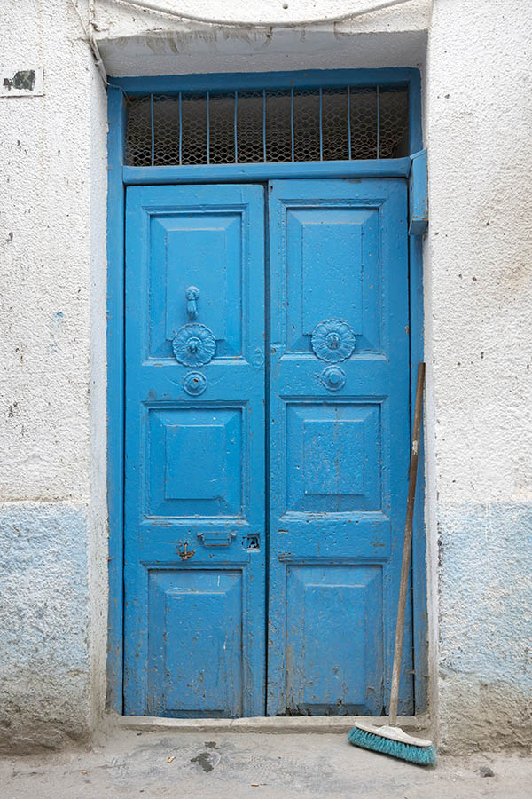 Photo 24589: Worn, panelled, light blue double door with barred top window