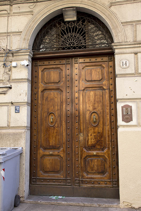 Photo 24617: Panelled, carved, oiled gate with nails and latticed fan light