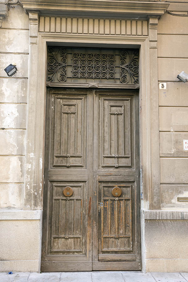 Photo 24635: Worn, panelled, brown gate with latticed top window and minor door, all in Art Nouveau style