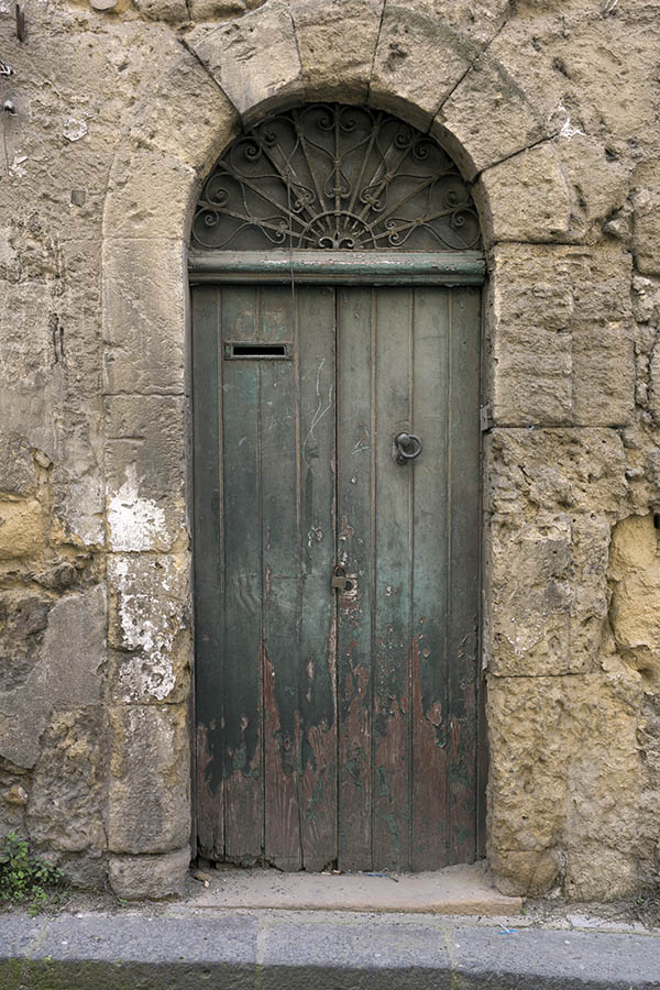 Photo 24646: Decayed, green double door of boards with latticed fan light