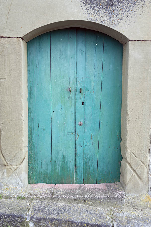 Photo 24652: Worn, formed, light blue double door of boards