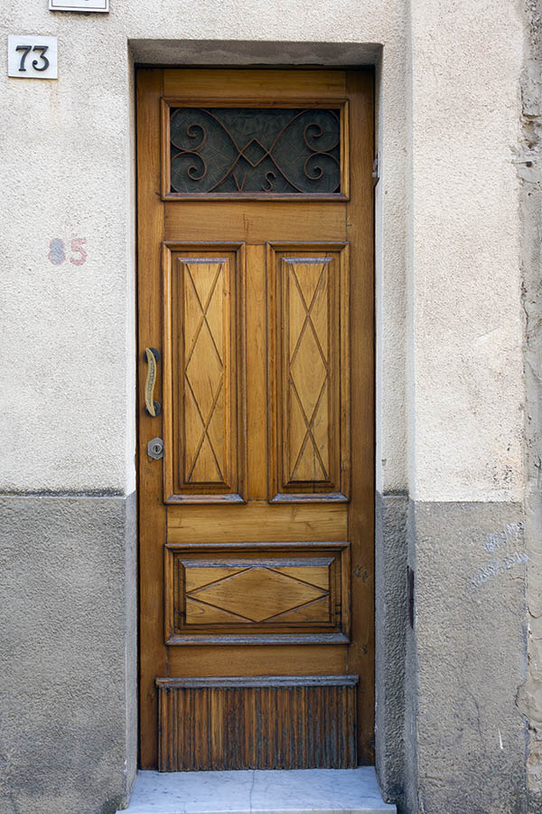 Photo 24674: Panelled, carved, lacquered door with latticed door light