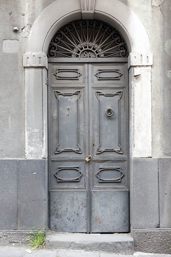Photo 24732: Narrow, panelled, carved, grey double door with latticed fan light