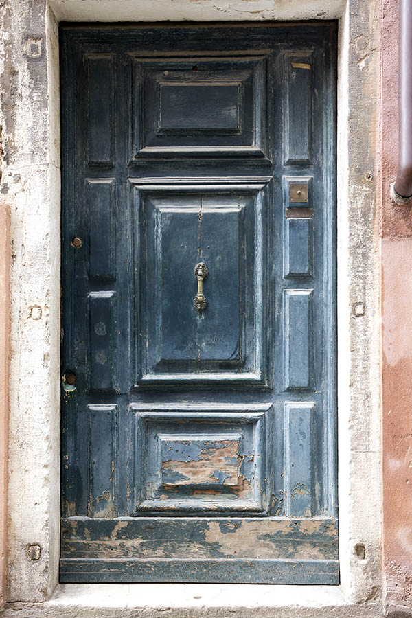 Photo 24781: Worn, carved, panelled, teal door
