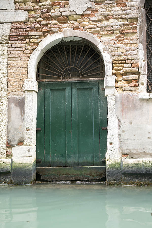 Photo 24821: Decayed, panelled, green double door with latticed, barred fan light