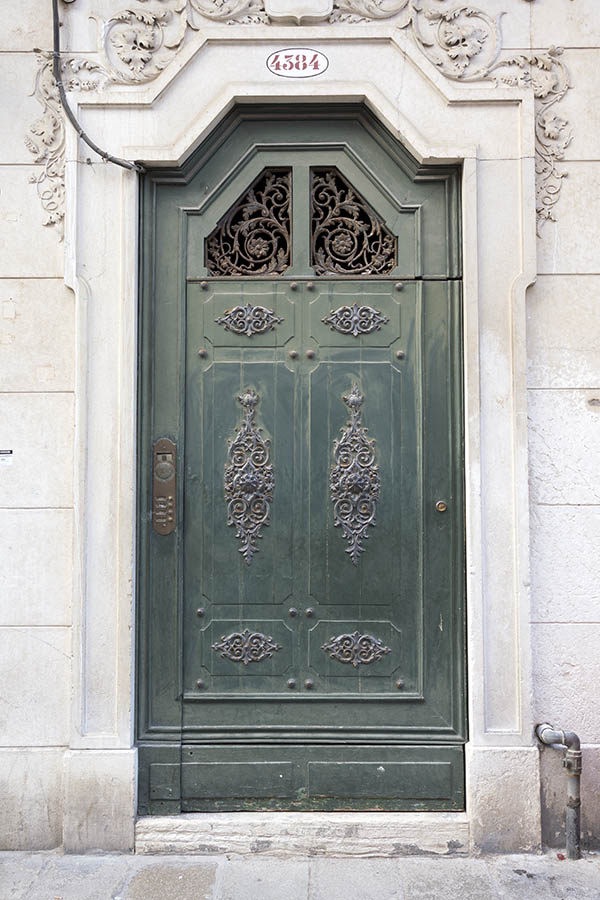 Photo 24879: Formed, carved, panelled, green door with latticed door lights