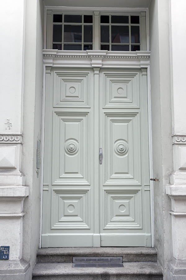 Photo 24922: Panelled, carved, light grey double door with top window