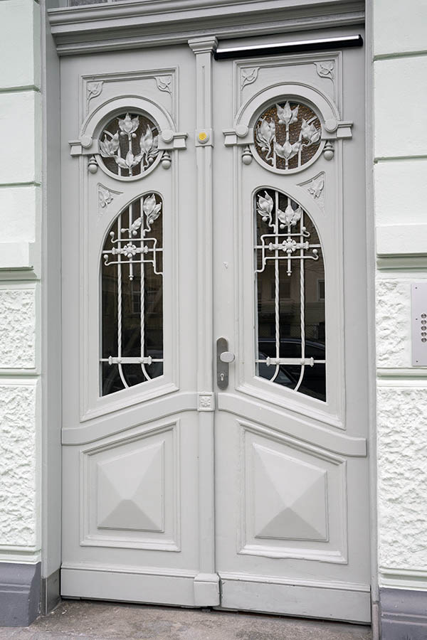 Photo 24926: Panelled, formed, carved, light grey double door