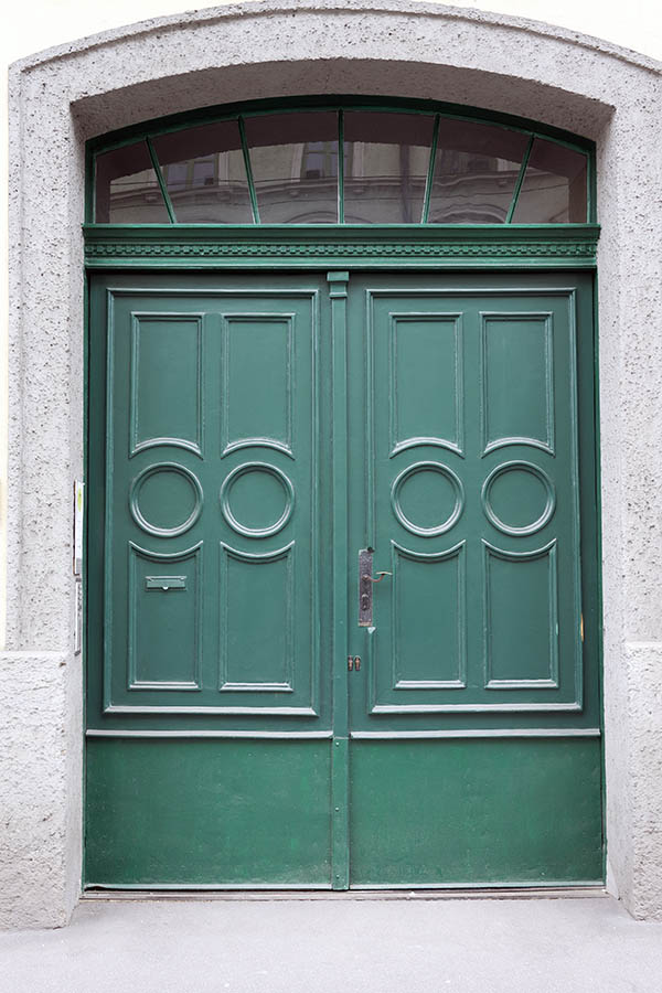 Photo 24938: Panelled, carved, green gate with fan light