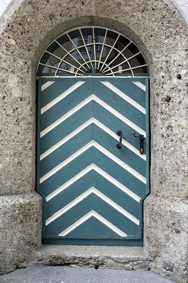 Photo 24971: Wide, panelled, green and white door with diagonal boards and latticed fan light
