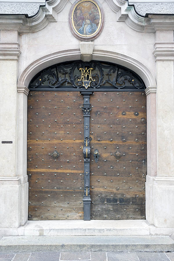 Photo 24985: Worn, brown gate of horizontal boards with latticed fan light