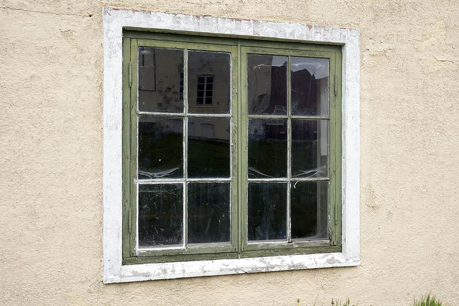 Photo 25076: worn, light green window with two frames and 12 panes