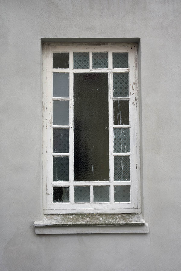 Photo 25133: Worn, white window with nine panes with matted glass