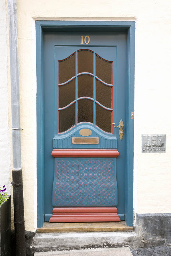 Photo 25209: Formed, carved, panelled, blue and red door with formed door light