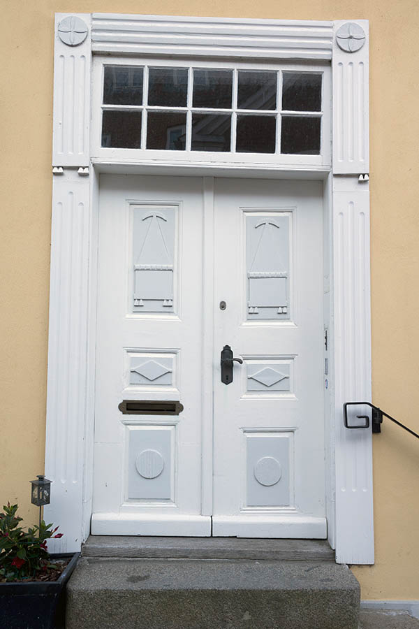 Photo 25296: Lopsided, panelled, carved, white and light grey double door with large top window