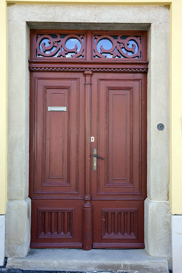 Photo 25388: Panelled, carved, brown double door with top window