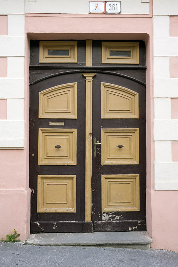 Photo 25393: Worn, panelled, formed, brown and yellow double door with top windows