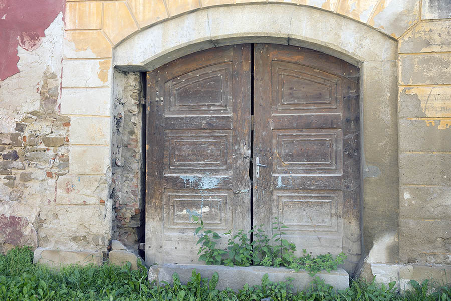 Photo 25419: Decayed, panelled, formed, brown gate