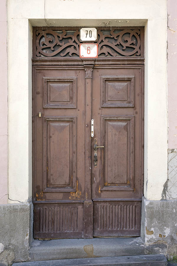 Photo 25453: Panelled, carved, brown double door with top window