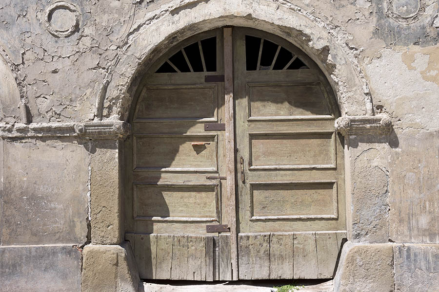 Photo 25476: Worn, panelled, formed, unpainted, green gate with door lights