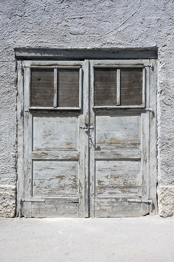 Photo 25485: Worn, panelled, grey gate