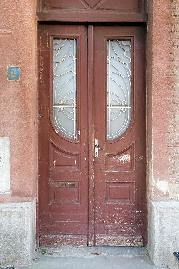Photo 25665: Worn, panelled, formed, brown double door with latticed door lights