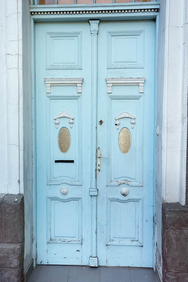 Photo 25683: Narrow, panelled, carved, light blue and white double door with door lights and top window