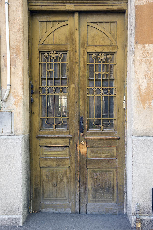 Photo 25858: Worn, narrow, panelled, carved, yellow double door with latticed door lights