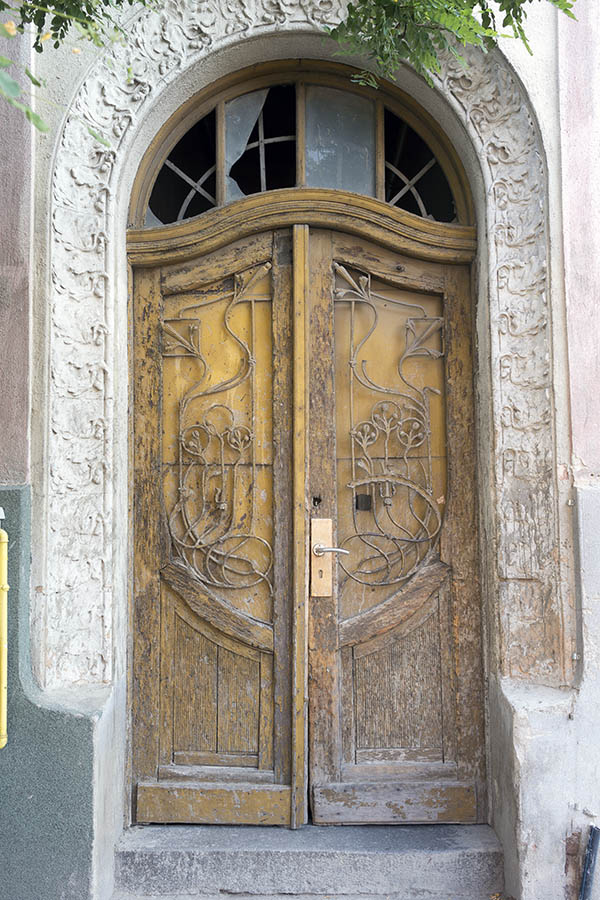 Photo 25865: Worn, formed, panelled, unpainted, brown double door with large, latticed door lights and barred, br