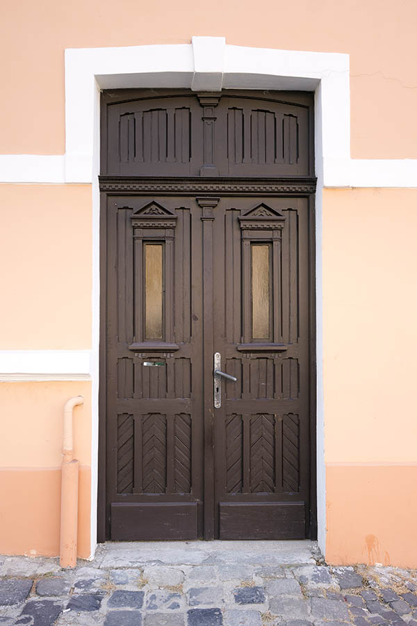 Photo 25943: Panelled, carved, dark brown double door with narrow door lights