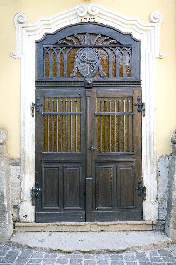 Photo 25961: Panelled, carved, latticed, black double door with large door lights and a large fan light