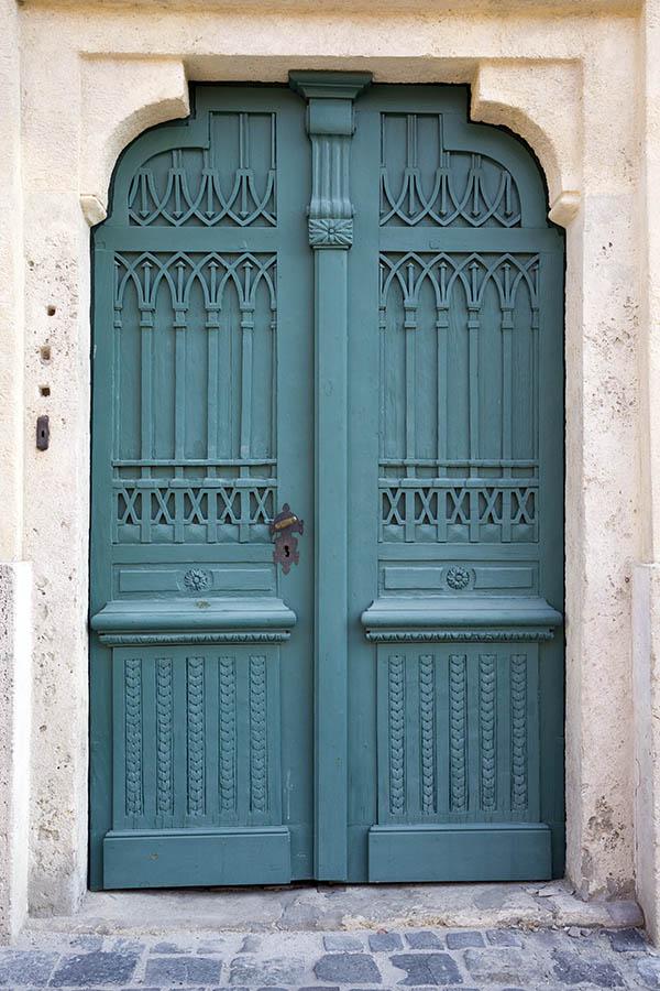 Photo 25967: Panelled, formed, carved, teal gate