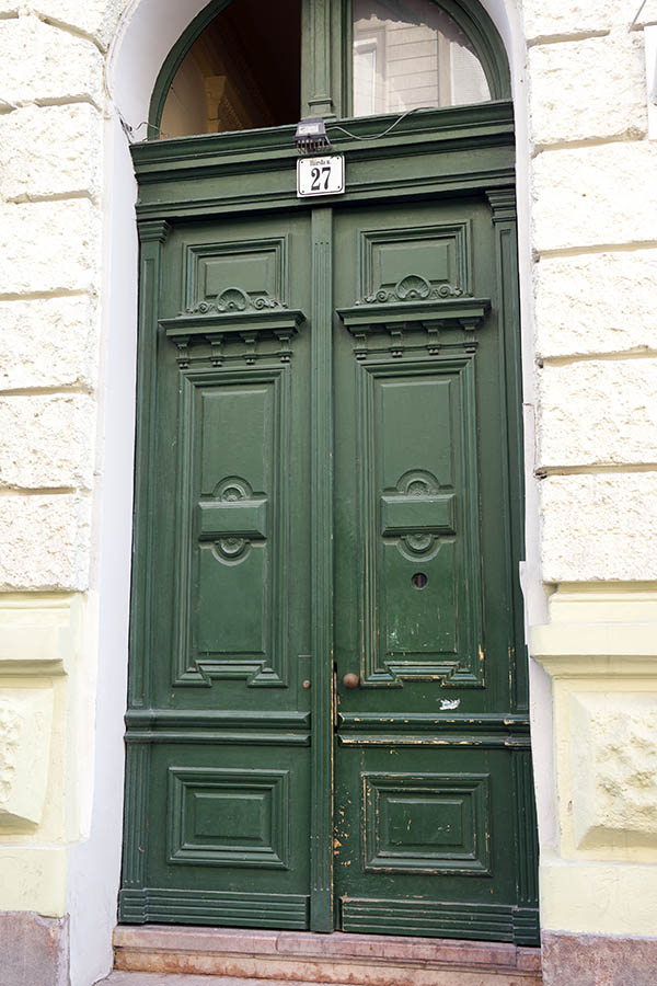 Photo 26058: Panelled, carved, green double door with fan light