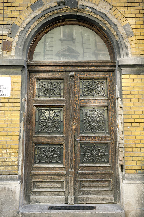Photo 26066: Worn, panelled, carved, brown and unpainted double door with latticed door lights and large fan ligh