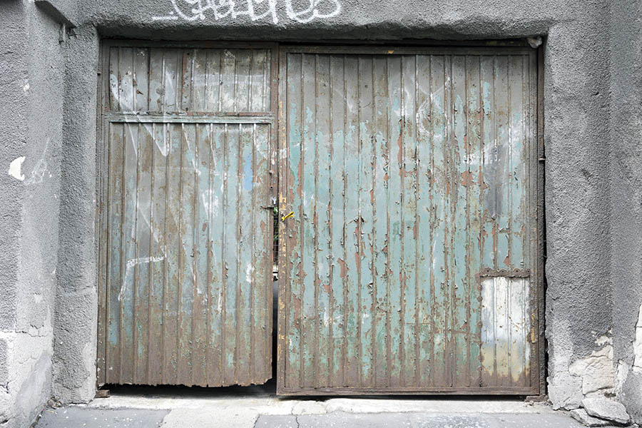 Photo 26161: Decayed, green, blue and rusty metal plate gate