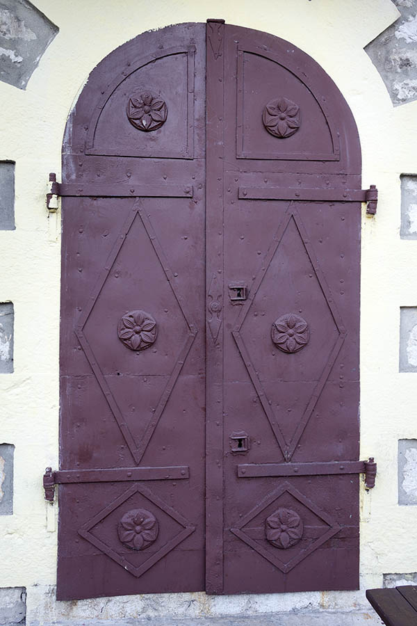 Photo 26184: Formed, purple metal plate double door with decorations