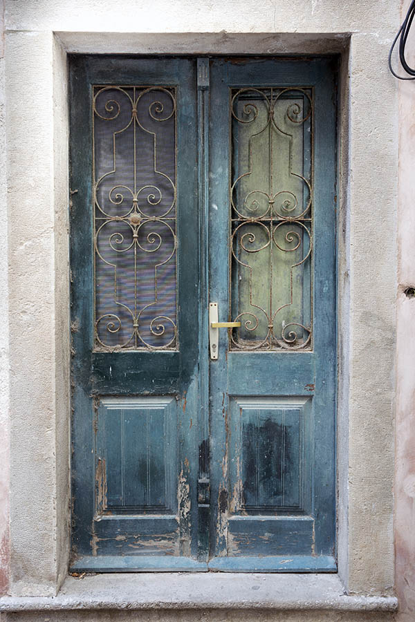 Photo 26309: Panelled, teal double door with latticed door lights