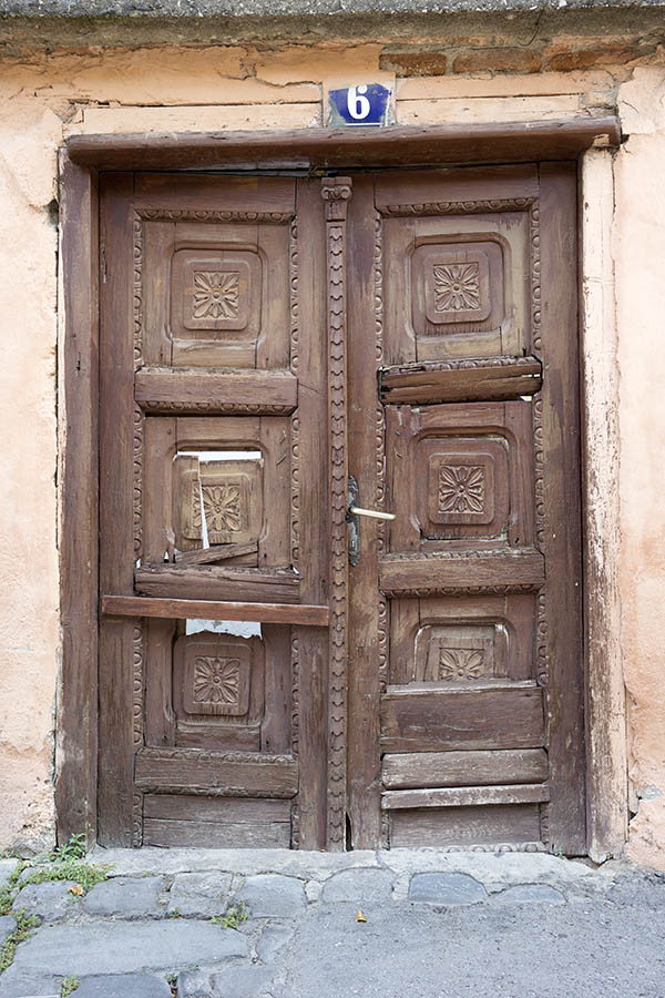 Photo 26388: Decayed, panelled, carved, brown, oiled double door