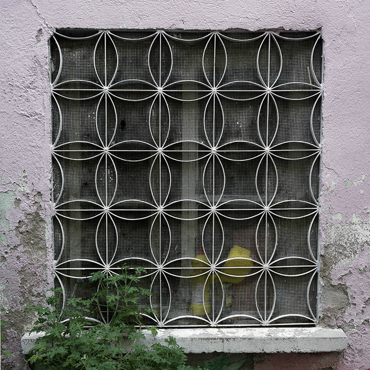 Photo 26485: White, latticed window with grating
