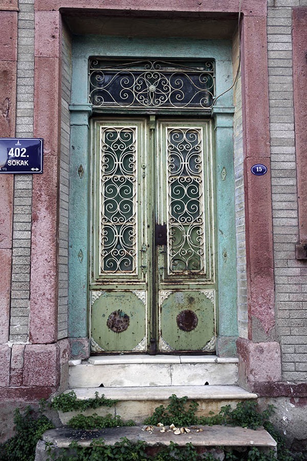 Photo 26492: Green and light yellow double door with top window and lattice