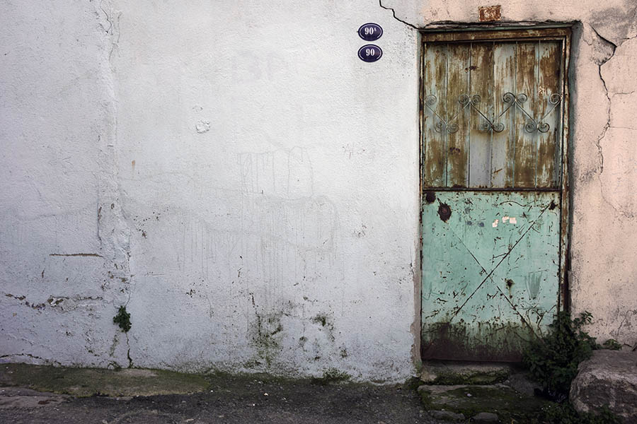 Photo 26616: Worn, light green, rusty metal half-door