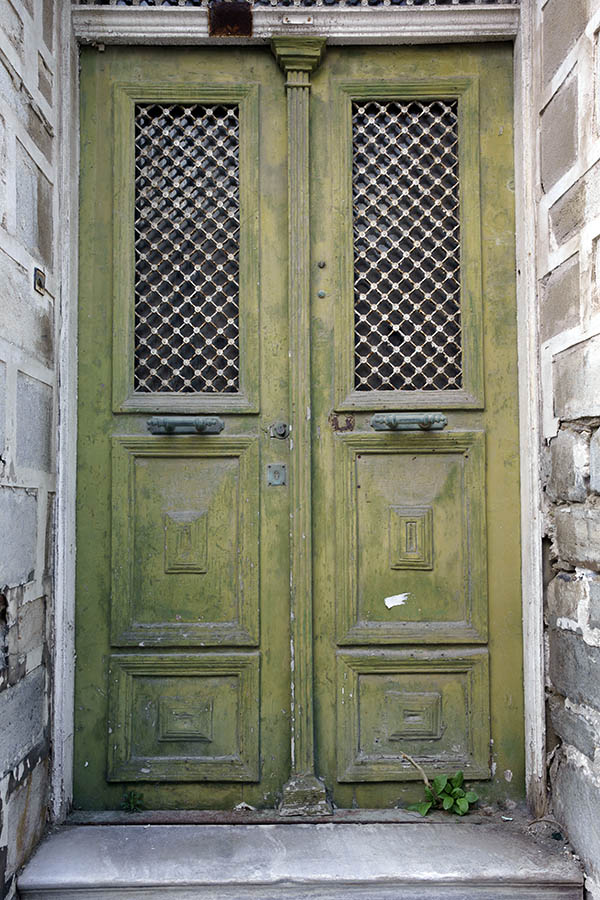 Photo 26815: Worn, green, panelled double door with white, latticed windows and top window