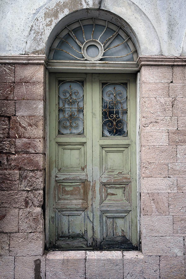 Photo 26884: Decayed, panelled, light green double door with lattice and door light