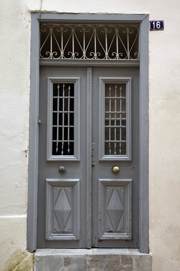 Photo 26888: Grey and light grey, panelled, double door with lattice and top window