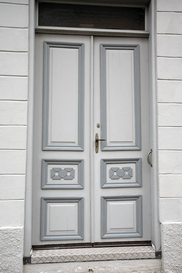 Photo 27035: Grey and white, panelled, carved double door with banisters