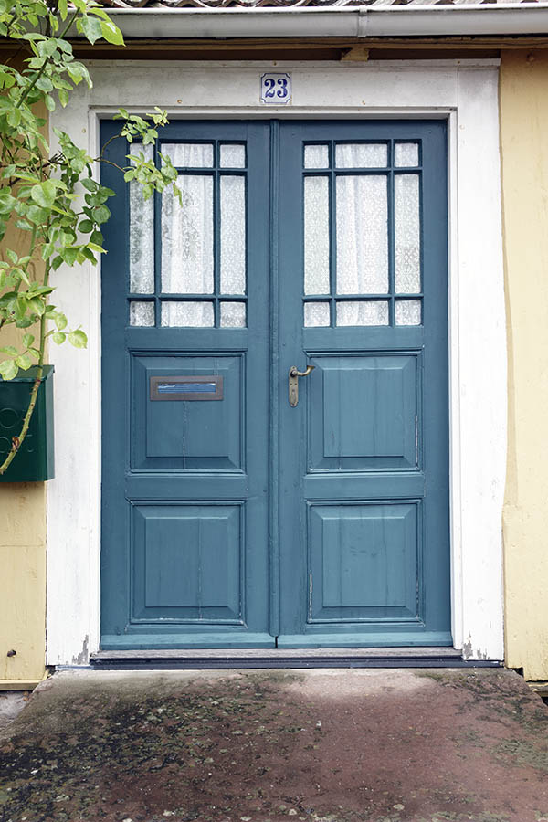 Photo 27041: Teal, panelled double door with door lights in a white frame